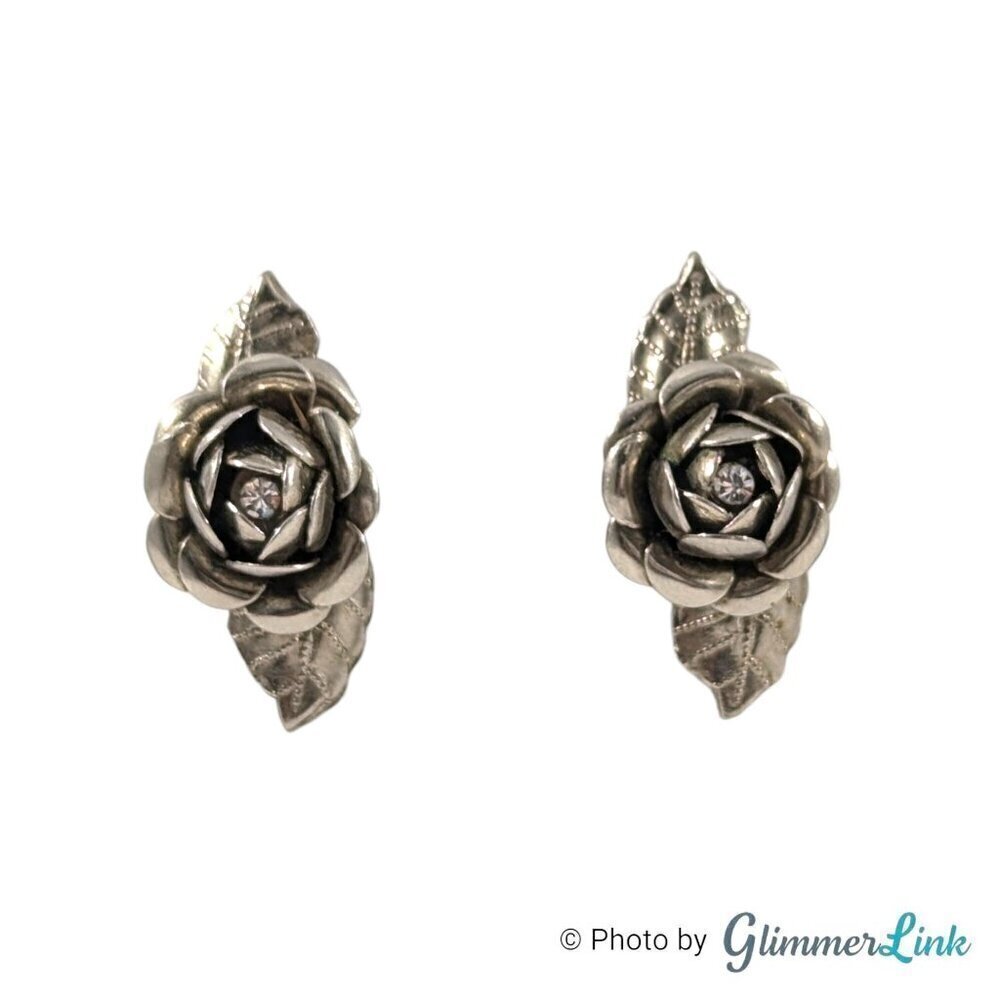 VTG Rose Leaves Rhinestone Climber Mid-Century Silver Tone Screw Back Earrings